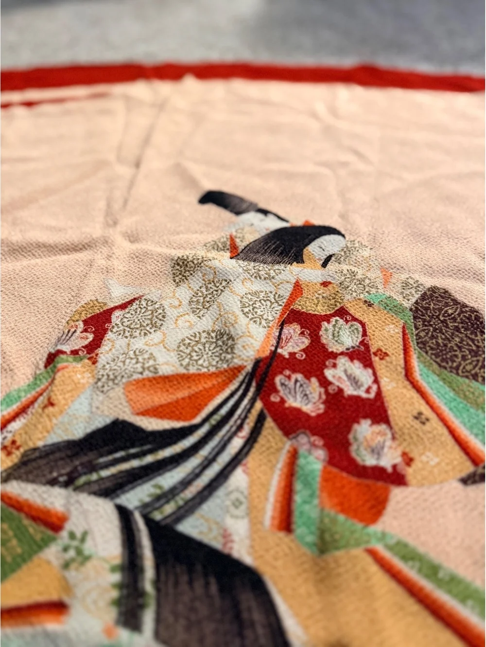 Vintage Japanese Chirimen Furoshiki Scarf 26” Kimono Court Figures Crepe Japan